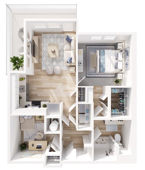 A top-down view of a small apartment with a kitchen, living room, and bathroom.